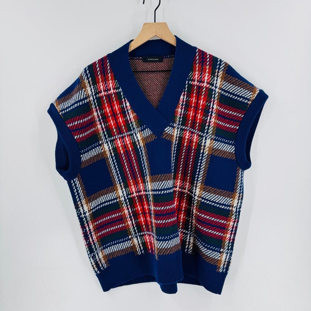 Madeintomboy 100% Virgin Wool Sweater Vest M Oversized Plaid Preppy Tartan